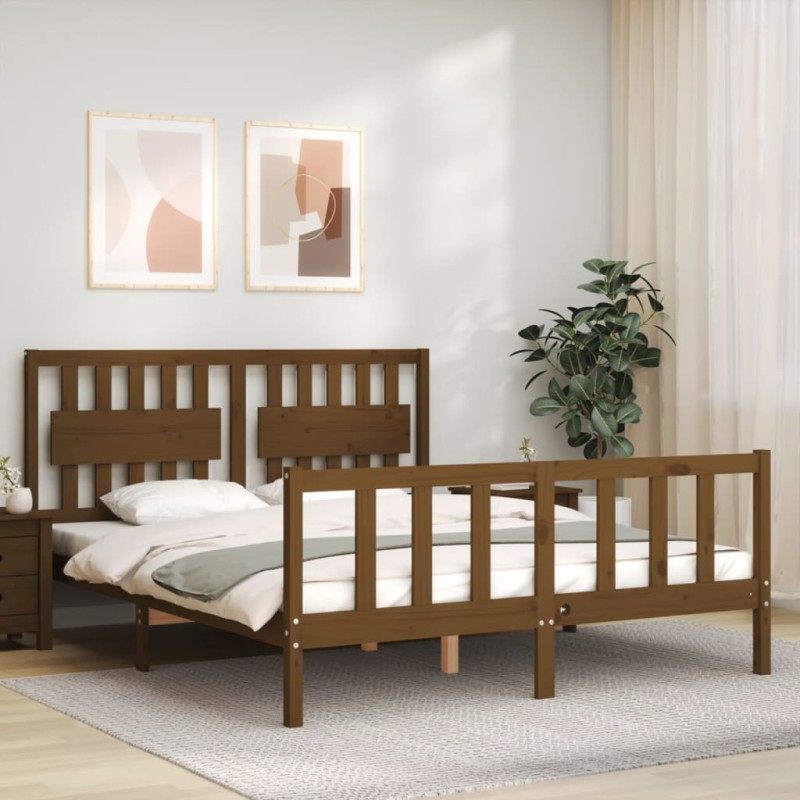 vidaXL Estructura de cama matrimonio con cabecero madera marrón miel vidaXL Estructura de cama matrimonio con cabecero madera marrón miel