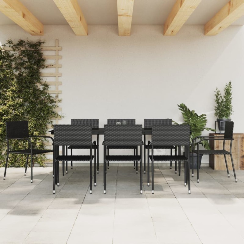 vidaXL Juego de comedor de jardín 9 pzas ratán sintético y acero negro vidaXL Juego de comedor de jardín 9 pzas ratán sintético y acero negro