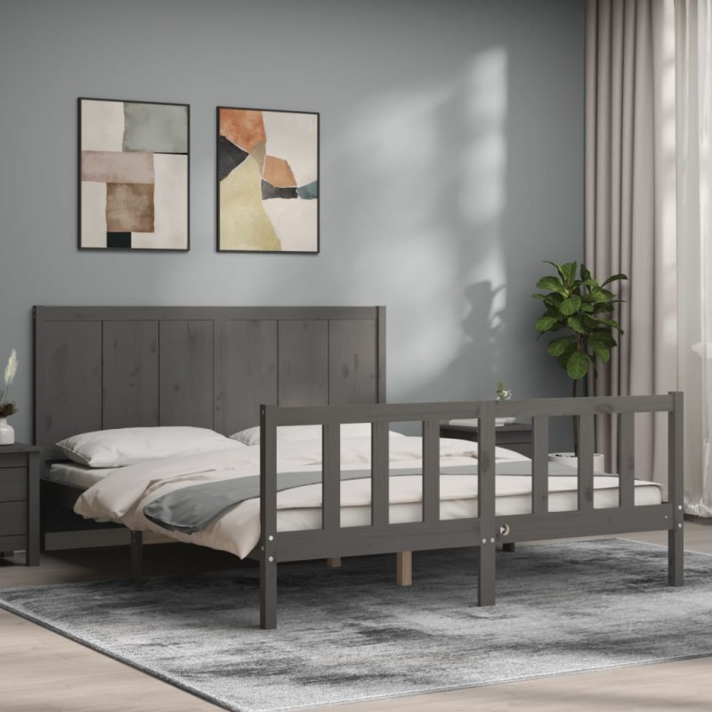 vidaXL Estructura de cama matrimonio con cabecero madera maciza gris