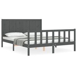 vidaXL Estructura de cama matrimonio con cabecero madera maciza gris
