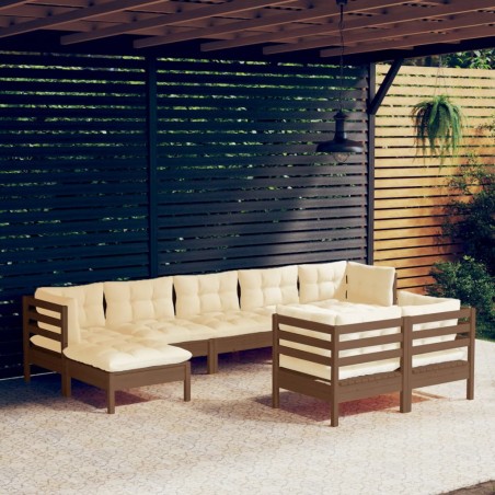 vidaXL Muebles de jardín 9 pzas y cojines madera de pino marrón miel
