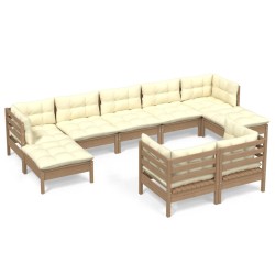 vidaXL Muebles de jardín 9 pzas y cojines madera de pino marrón miel