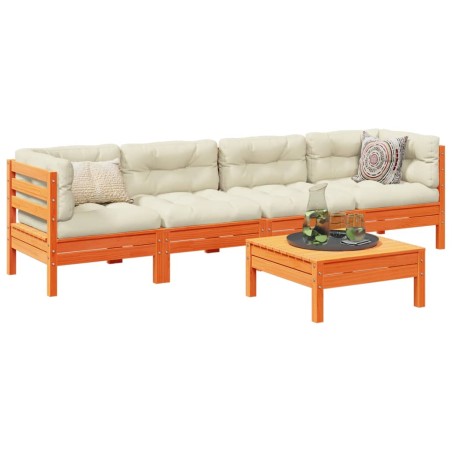 vidaXL Set de sofás jardín 5 pzas con cojines madera pino marrón cera