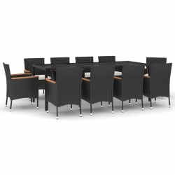 vidaXL Set de comedor jardín 11 pzas con cojines ratán sintético negro