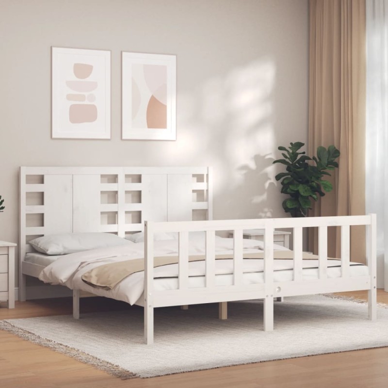 vidaXL Estructura de cama matrimonio con cabecero madera maciza blanco vidaXL Estructura de cama matrimonio con cabecero madera maciza blanco