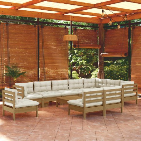 vidaXL Muebles de jardín 11 pzas y cojines madera de pino marrón miel