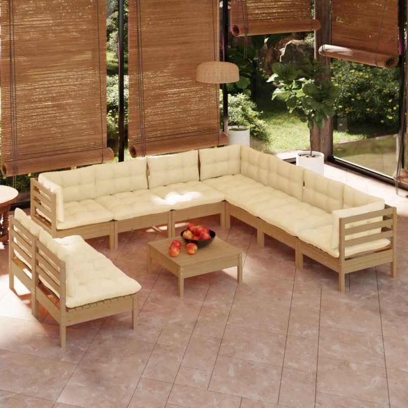 vidaXL Muebles de jardín 10 pzas y cojines madera de pino marrón miel