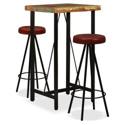 vidaXL Set muebles de bar 3 pzas madera maciza reciclada cuero genuino