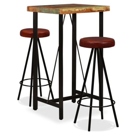 vidaXL Set muebles de bar 3 pzas madera maciza reciclada cuero genuino