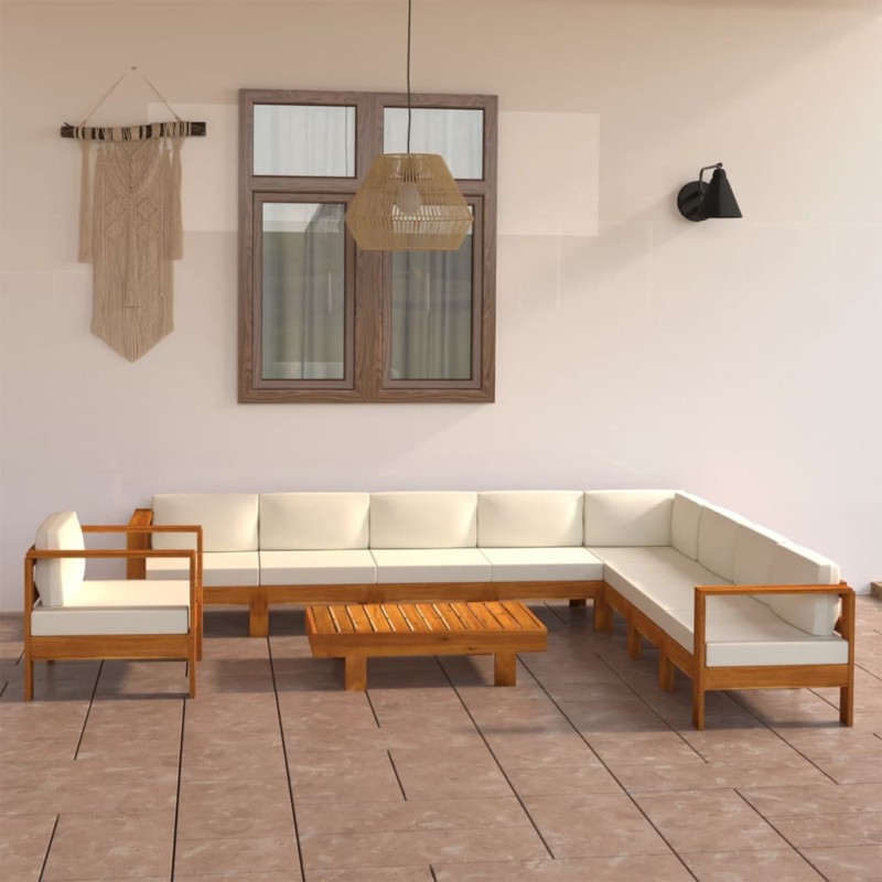 vidaXL Muebles de jardín 10 pzas cojines crema madera de acacia 