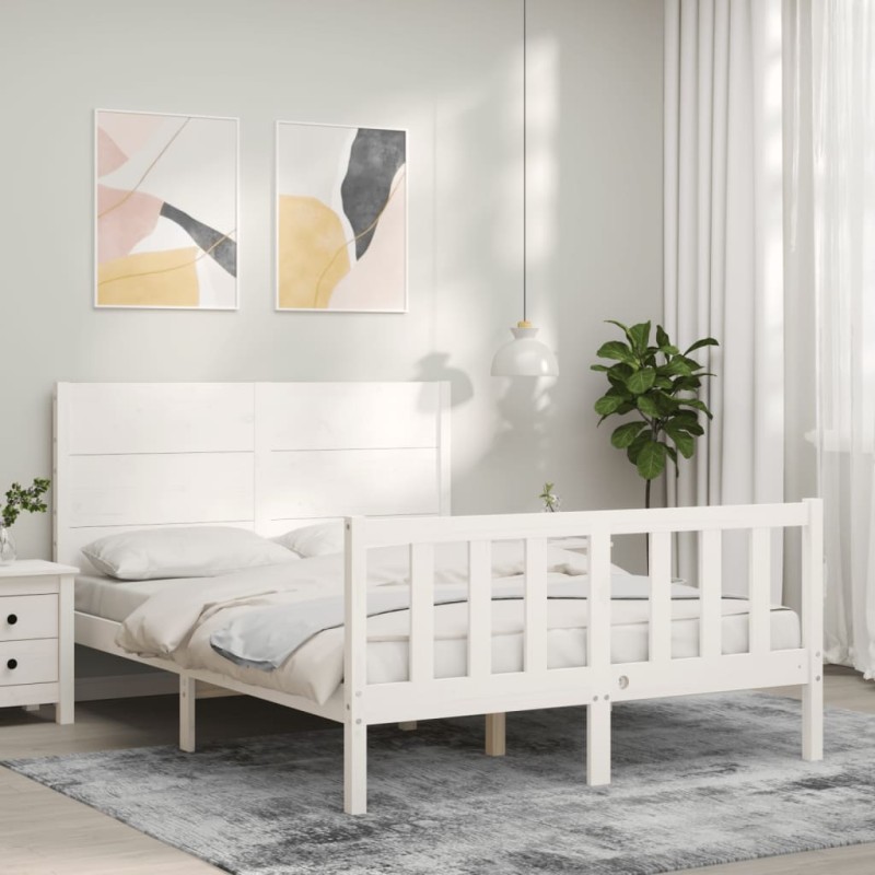 vidaXL Estructura de cama con cabecero madera maciza blanco 120x200 cm vidaXL Estructura de cama con cabecero madera maciza blanco 120x200 cm