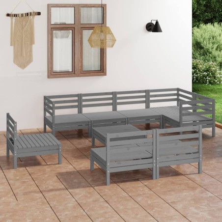 vidaXL Juego de muebles de jardín 9 piezas madera maciza de pino gris
