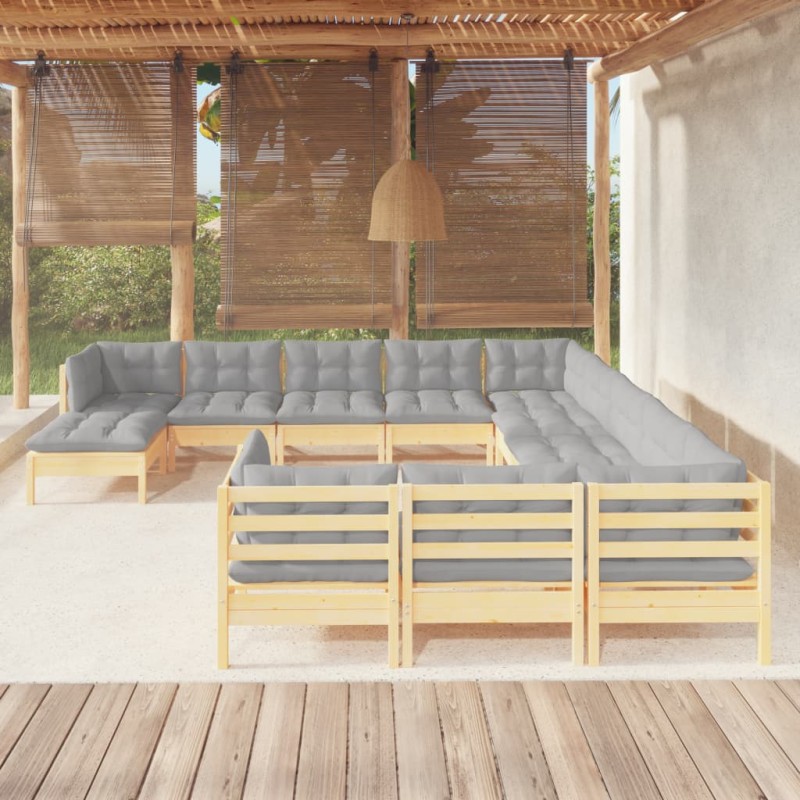 vidaXL Muebles de jardín 12 pzas y cojines madera de pino gris vidaXL Muebles de jardín 12 pzas y cojines madera de pino gris