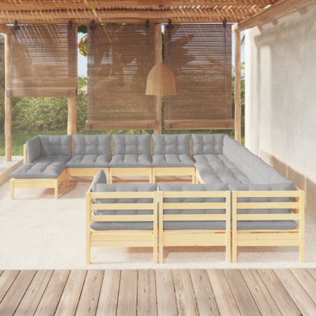 vidaXL Muebles de jardín 12 pzas y cojines madera de pino gris