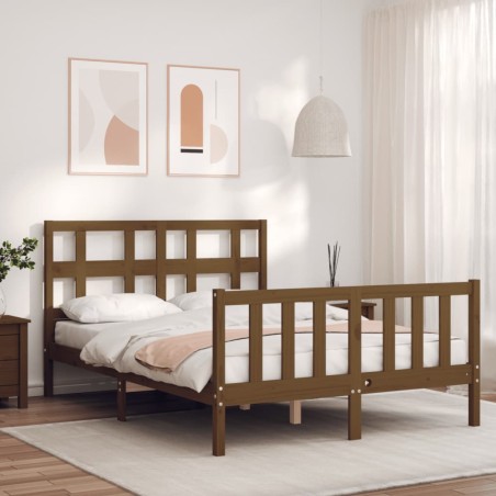 vidaXL Estructura de cama matrimonio con cabecero madera marrón miel