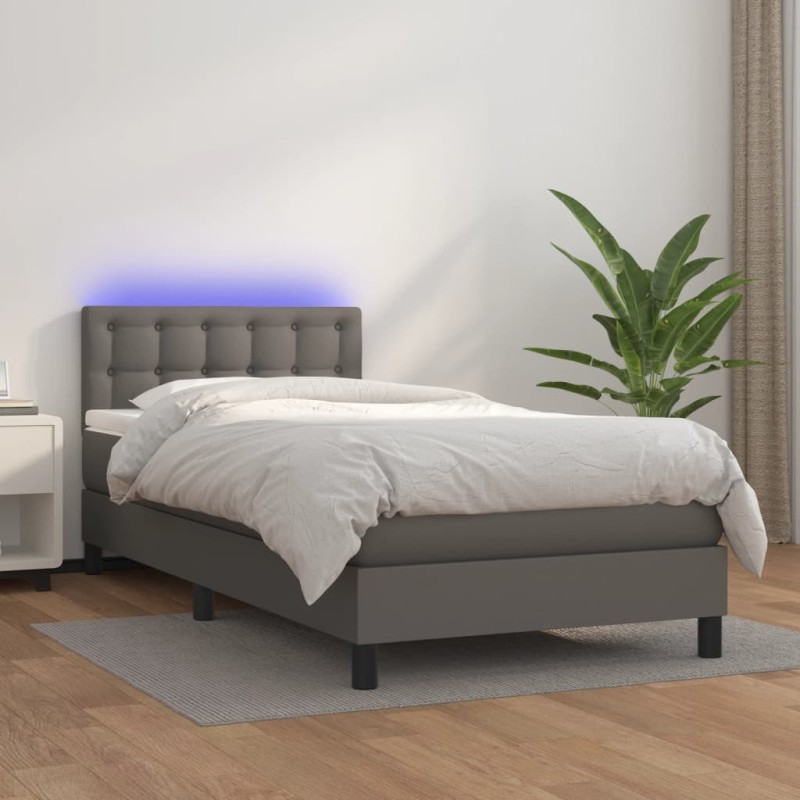 vidaXL Cama box spring y colchón LED cuero sintético gris 90x200 cm vidaXL Cama box spring y colchón LED cuero sintético gris 90x200 cm