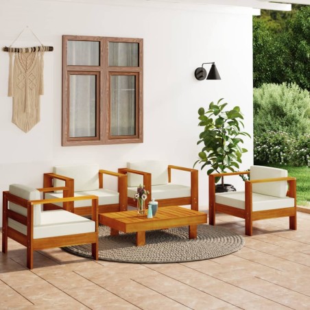 vidaXL Muebles de jardín madera maciza 5 pzas con cojines blanco crema