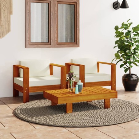 vidaXL Muebles de jardín madera maciza 3 pzas con cojines blanco crema