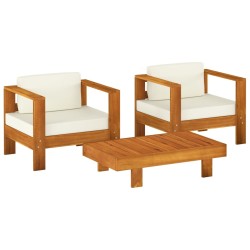 vidaXL Muebles de jardín madera maciza 3 pzas con cojines blanco crema