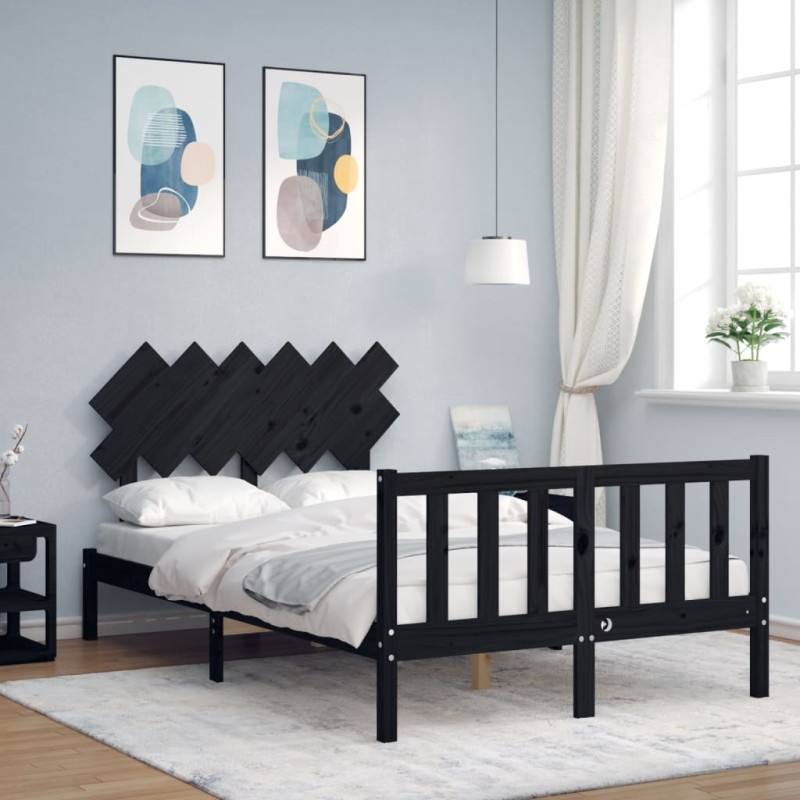 vidaXL Estructura cama de matrimonio con cabecero madera maciza negro vidaXL Estructura cama de matrimonio con cabecero madera maciza negro