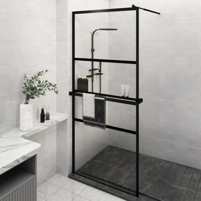 vidaXL Mampara ducha con estante vidrio ESG y aluminio negro 100x195cm vidaXL Mampara ducha con estante vidrio ESG y aluminio negro 100x195cm