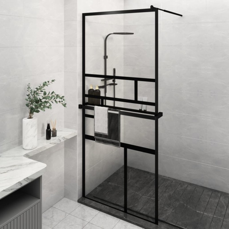 vidaXL Mampara ducha con estante vidrio ESG y aluminio negro 100x195cm vidaXL Mampara ducha con estante vidrio ESG y aluminio negro 100x195cm