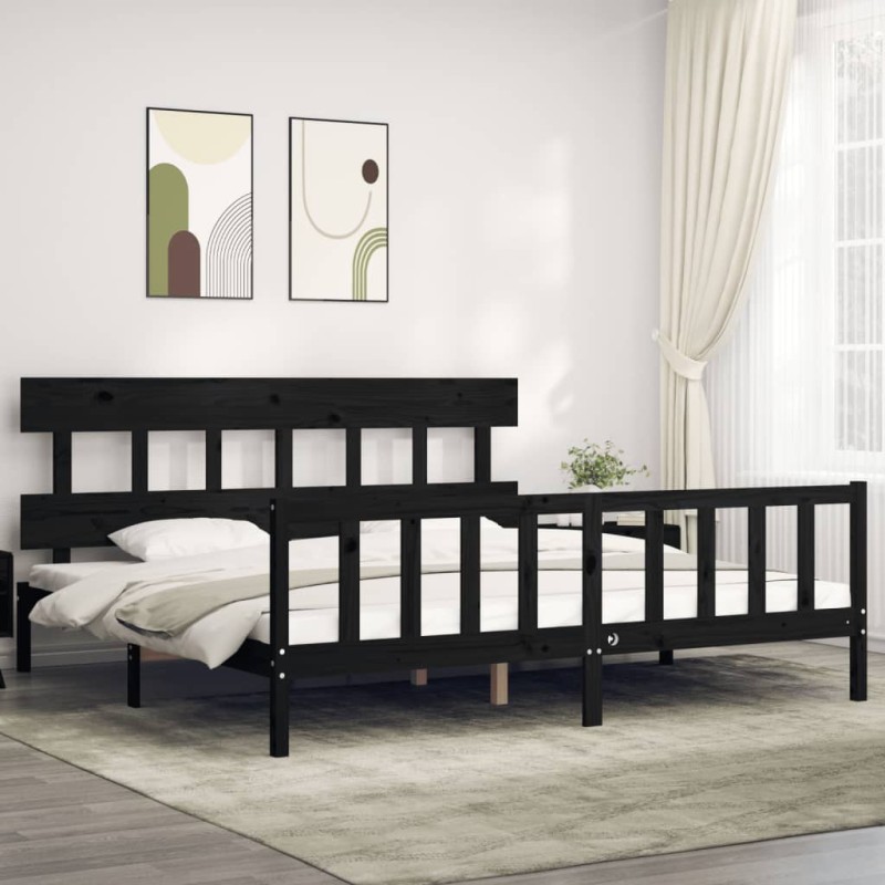 vidaXL Estructura cama de matrimonio con cabecero madera maciza negro vidaXL Estructura cama de matrimonio con cabecero madera maciza negro
