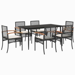 vidaXL Set de comedor de jardín 7 pzas y cojines ratán sintético negro