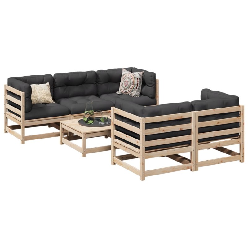 vidaXL Juego de sofás de jardín 6 pzas con cojines madera maciza pino