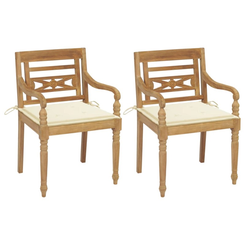 vidaXL Sillas Batavia 2 uds teca maciza con cojines color crema vidaXL Sillas Batavia 2 uds teca maciza con cojines color crema