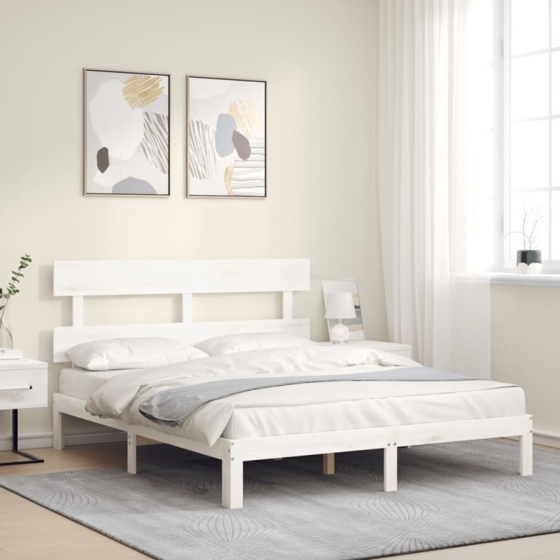 vidaXL Estructura de cama matrimonio con cabecero madera maciza blanco vidaXL Estructura de cama matrimonio con cabecero madera maciza blanco