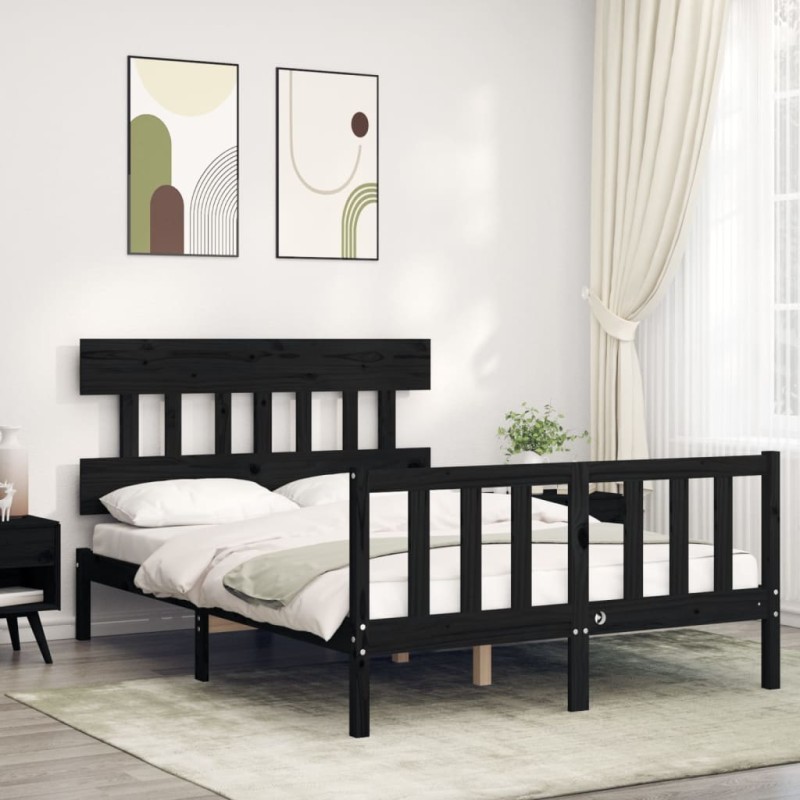 vidaXL Estructura cama de matrimonio con cabecero madera maciza negro