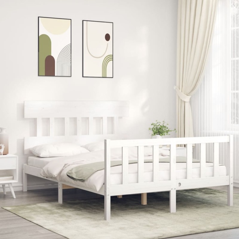 vidaXL Estructura de cama con cabecero madera maciza blanco 140x190 cm vidaXL Estructura de cama con cabecero madera maciza blanco 140x190 cm