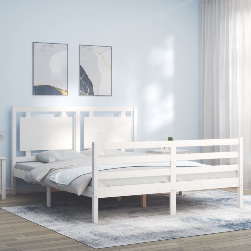 vidaXL Estructura de cama con cabecero madera maciza blanco 160x200 cm vidaXL Estructura de cama con cabecero madera maciza blanco 160x200 cm