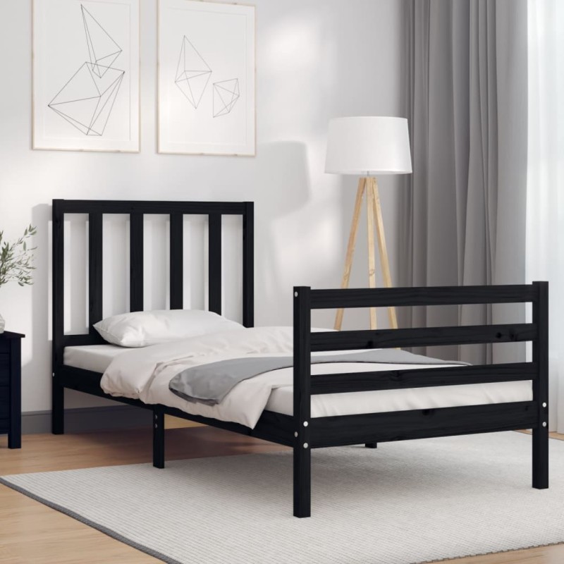 vidaXL Estructura de cama con cabecero madera maciza negro 90x200 cm vidaXL Estructura de cama con cabecero madera maciza negro 90x200 cm