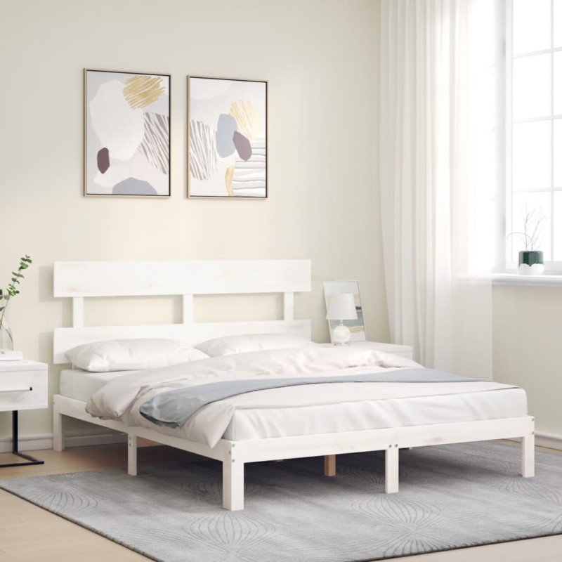vidaXL Estructura de cama con cabecero madera maciza blanco 160x200 cm vidaXL Estructura de cama con cabecero madera maciza blanco 160x200 cm
