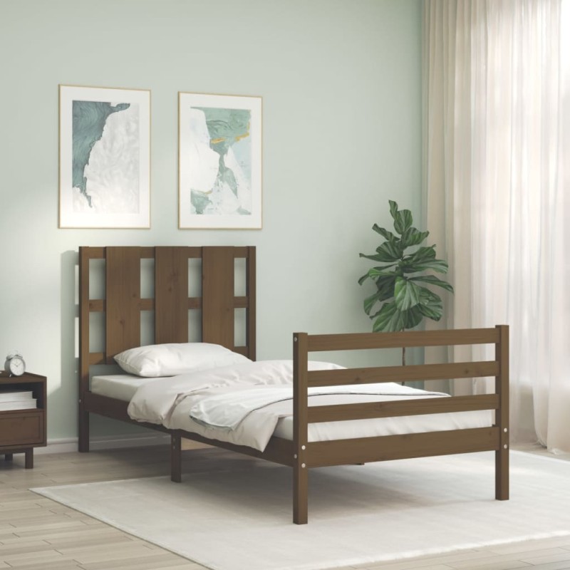 vidaXL Estructura cama con cabecero madera maciza marrón miel 90x200cm vidaXL Estructura cama con cabecero madera maciza marrón miel 90x200cm