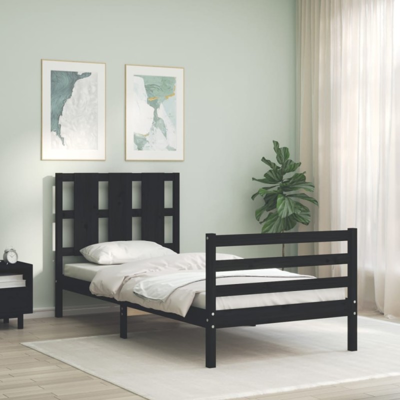 vidaXL Estructura de cama con cabecero madera maciza negro 100x200 cm vidaXL Estructura de cama con cabecero madera maciza negro 100x200 cm