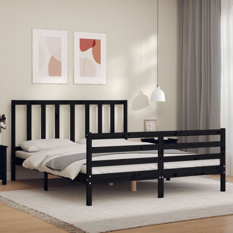vidaXL Estructura de cama con cabecero madera maciza negro 160x200 cm vidaXL Estructura de cama con cabecero madera maciza negro 160x200 cm