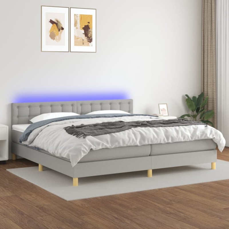 vidaXL Cama box spring con colchón tela y LED gris claro 200x200 cm vidaXL Cama box spring con colchón tela y LED gris claro 200x200 cm