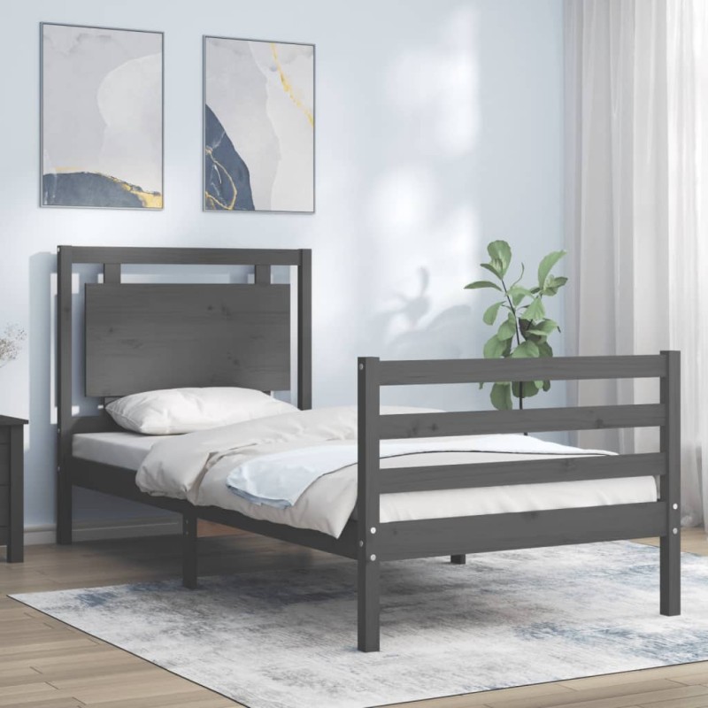 vidaXL Estructura de cama con cabecero madera maciza gris 100x200 cm vidaXL Estructura de cama con cabecero madera maciza gris 100x200 cm