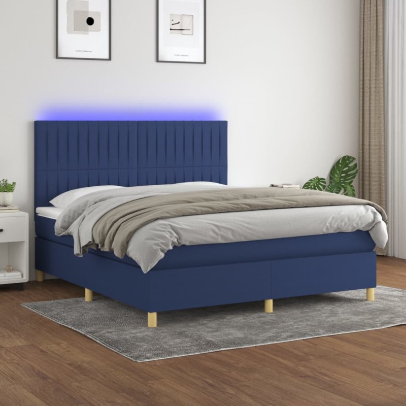 vidaXL Cama box spring colchón y luces LED tela azul 160x200 cm vidaXL Cama box spring colchón y luces LED tela azul 160x200 cm