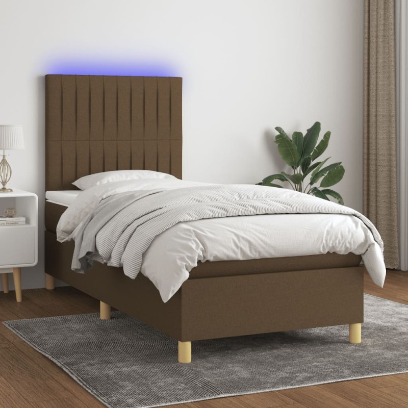 vidaXL Cama box spring colchón luces LED tela marrón oscuro 100x200cm vidaXL Cama box spring colchón luces LED tela marrón oscuro 100x200cm