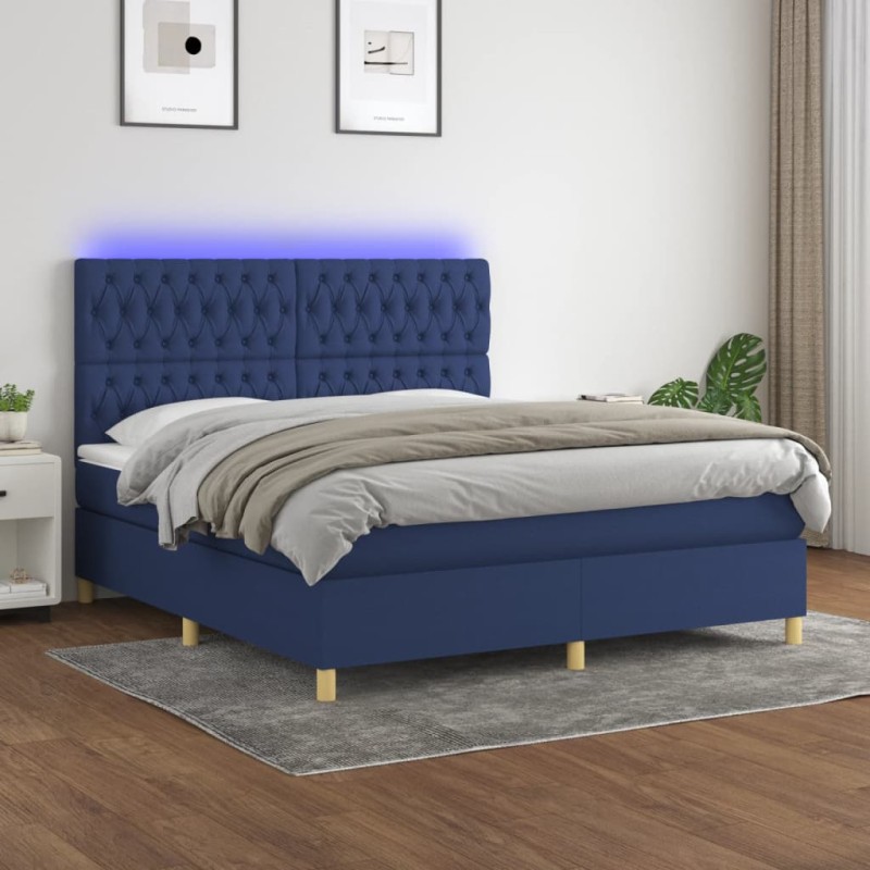 vidaXL Cama box spring colchón y luces LED tela azul 160x200 cm vidaXL Cama box spring colchón y luces LED tela azul 160x200 cm
