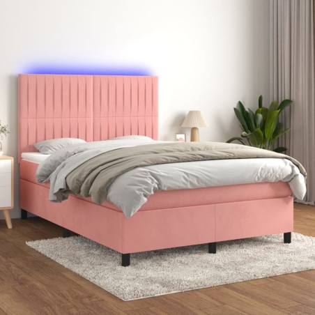 vidaXL Cama box spring colchón y LED terciopelo rosa 140x190 cm