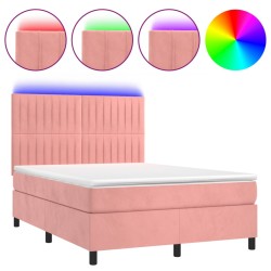 vidaXL Cama box spring colchón y LED terciopelo rosa 140x190 cm