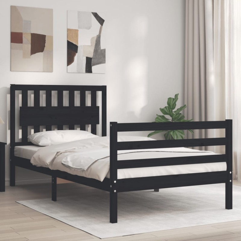 vidaXL Estructura de cama con cabecero madera maciza negro 100x200 cm vidaXL Estructura de cama con cabecero madera maciza negro 100x200 cm