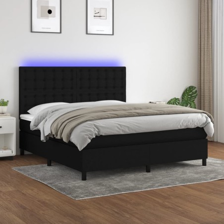 vidaXL Cama box spring colchón y luces LED tela negro 160x200 cm