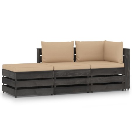 vidaXL Muebles de jardín 3 pzas con cojines gris madera impregnada