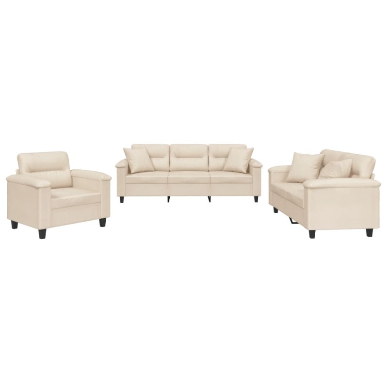 vidaXL Juego de sofás con cojines 3 piezas tela microfibra beige vidaXL Juego de sofás con cojines 3 piezas tela microfibra beige